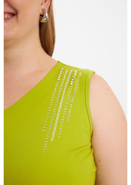 Taş Detaylı Büyük Beden Kolsuz Bluz Oliv modelleri