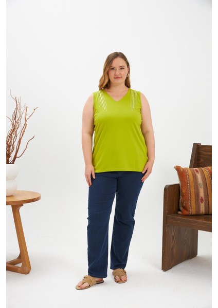 Taş Detaylı Büyük Beden Kolsuz Bluz Oliv indirimleri