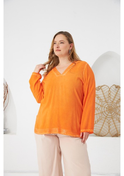 Büyük Beden Pul Payet Detay Bluz Turuncu