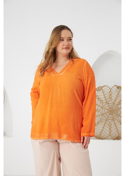 Büyük Beden Pul Payet Detay Bluz Turuncu fiyatları