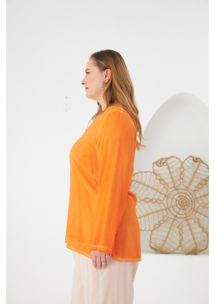 Büyük Beden Pul Payet Detay Bluz Turuncu fırsatları