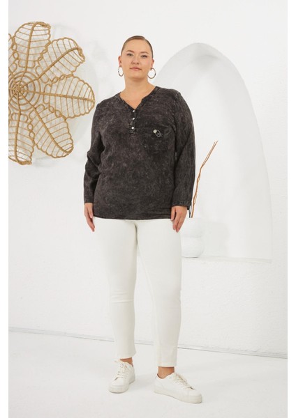 Yaka Arma Detaylı Büyük Beden Yıkamalı Bluz Siyah indirimleri