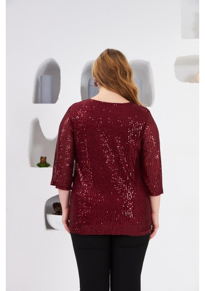 Büyük Beden Astarlı Pul Payet Bluz Bordo fırsatları