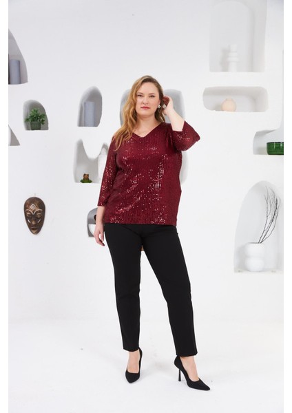 Büyük Beden Astarlı Pul Payet Bluz Bordo indirimleri