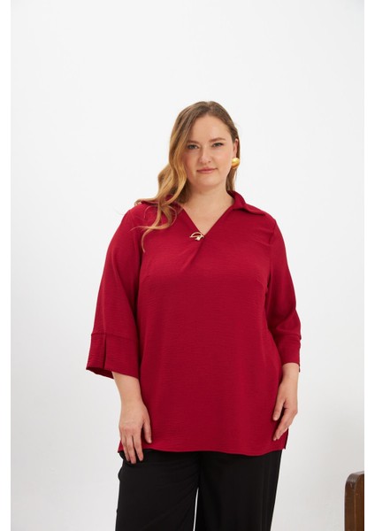 Yaka Detaylı Büyük Beden Bluz Bordo