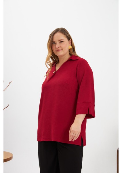 Yaka Detaylı Büyük Beden Bluz Bordo fiyatları