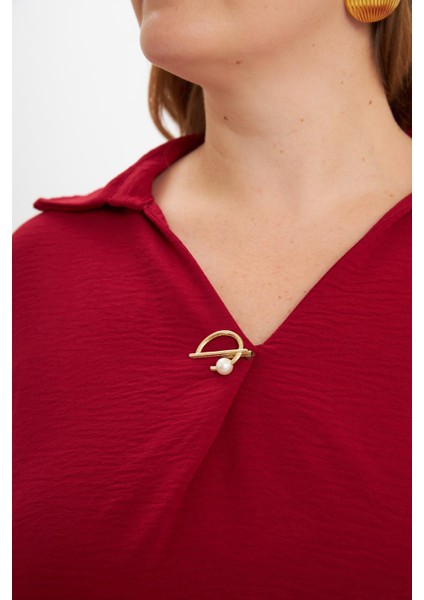 Yaka Detaylı Büyük Beden Bluz Bordo modelleri