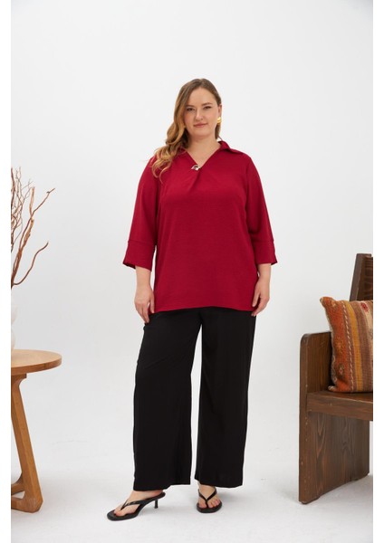 Yaka Detaylı Büyük Beden Bluz Bordo indirimleri