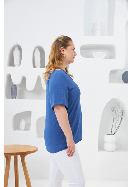 Yaka Detaylı Büyük Beden Bluz Indigo fiyatları