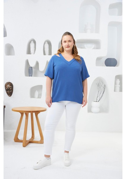 Yaka Detaylı Büyük Beden Bluz Indigo fırsatları