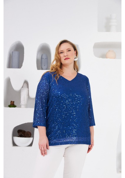 Büyük Beden Astarlı Pul Payet Bluz Saks