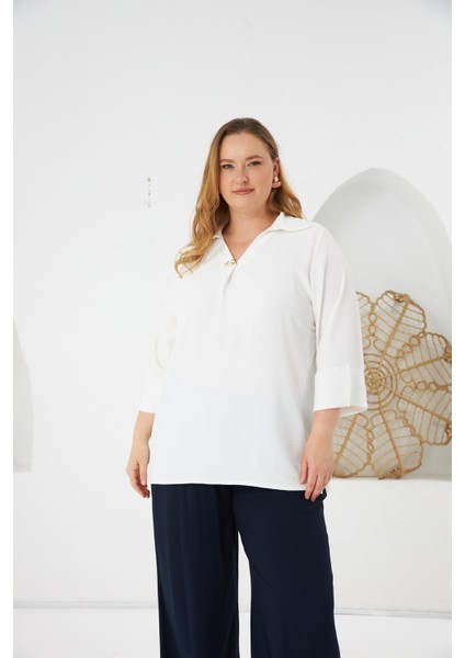 Yaka Aksesuar Detaylı Büyük Beden Bluz Ekru