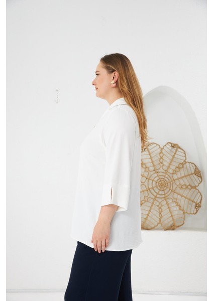 Yaka Aksesuar Detaylı Büyük Beden Bluz Ekru fiyatları