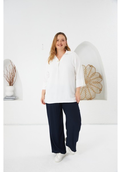 Yaka Aksesuar Detaylı Büyük Beden Bluz Ekru indirimleri