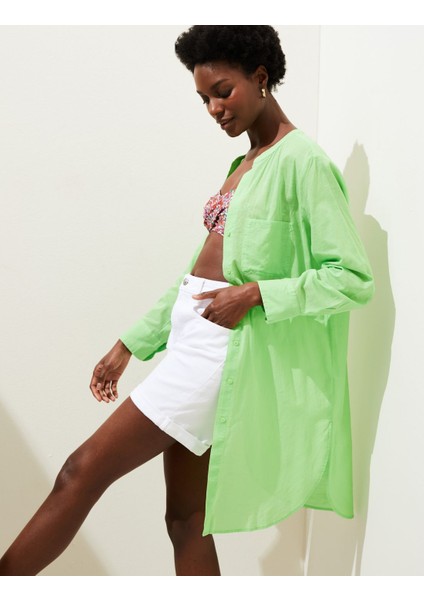 Saf Pamuklu Uzun Kollu Plaj Elbisesi