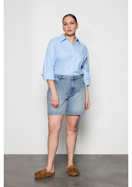 Hermes Kadın Yüksek Bel Mavi Jean Şort Rahat Kalıp ile Yaz İçin Şık Seçim