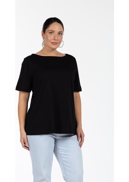 Jenny Kayık Yaka %100 Organik Pamuk Büyük Beden T-Shirt Siyah