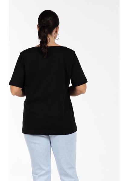 Jenny Kayık Yaka %100 Organik Pamuk Büyük Beden T-Shirt Siyah modelleri