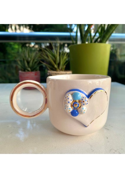 El Yapımı Seramik Gerçek 24K Altın Dekorlu Kalp Nazar Kupa