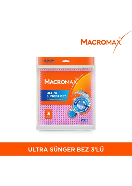 Ultra Sünger Bez 3'lü Paket, Ağırlığının 10 Katı Su Emen Yüksek Performanslı Mutfak Bezi