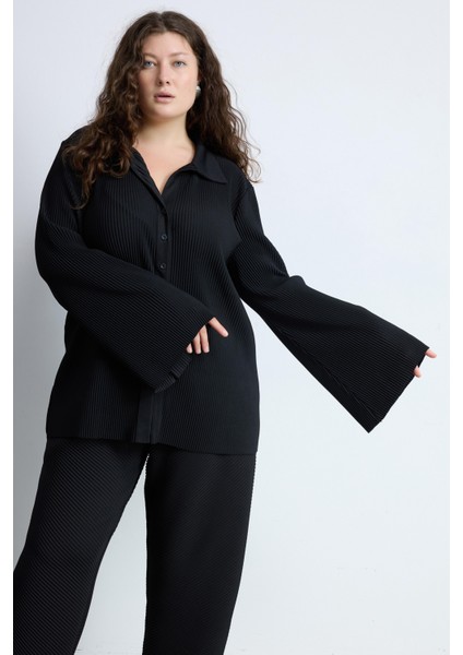 Darıan V Yaka Piliseli Büyük Beden Gömlek Siyah fırsatları