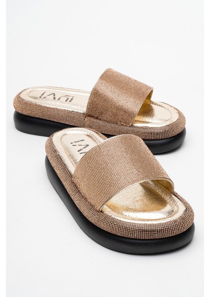 Oeste Altın Taşlı Tek Bantlı Kalın Tabanlı Kadın Terlik