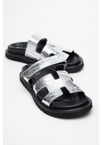 Loana Gümüş Baskı Hakiki Deri Kadın Terlik