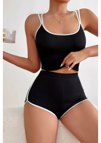 Kadın Siyah Beyaz Çapraz Lastik Detaylı Kaşkorse Şortlu Gecelik Takımı modelleri