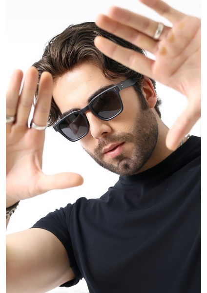 Unisex Aksesuarlı Kare Mat Siyah Polarize Güneş Gözlüğü 23037 c2 p m