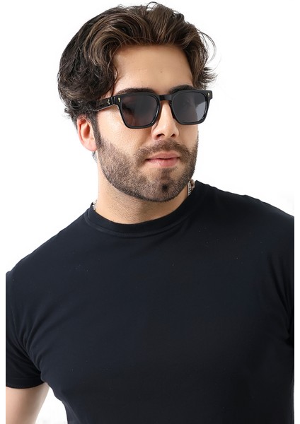 Unisex Aksesuarlı Kare Siyah Polarize Güneş Gözlüğü 23037 c2 P