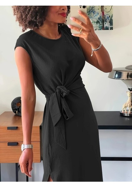Kadın Kısa Kollu Yuvarlak Yaka Belden Bağcıklı Önden Yırtmaçlı Aerobin Elbise fiyatları