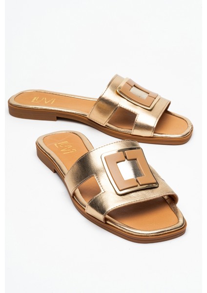 Millie Altın Hakiki Deri Tokalı Kadın Terlik