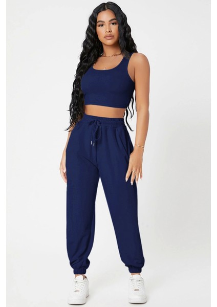 Kadın Lacivert Kaşkorse Cepli Jogger Eşofman Altı ve Crop Top Bluz