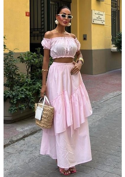 Büzgülü Crop Kat Detaylı Fırfır Etekli Takım 10196