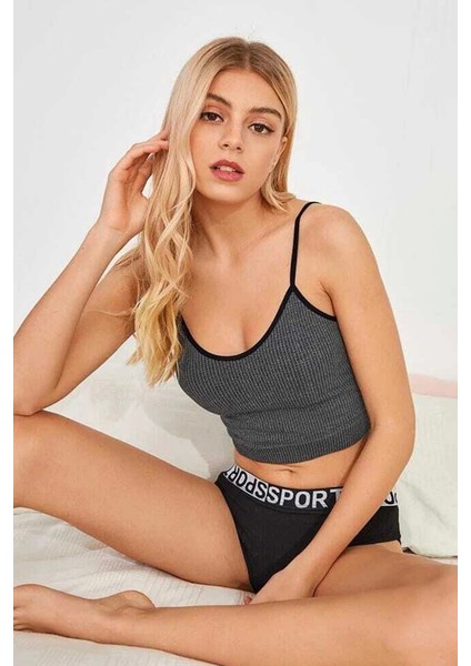 Kadın Anstrasit Gri Ip Askılı Crop Top Bluz