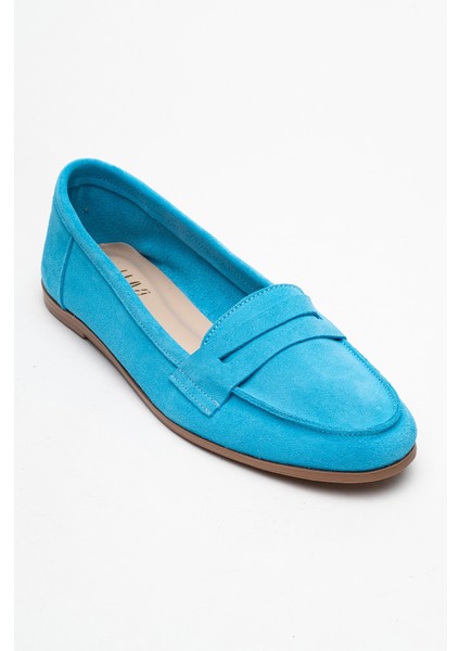 F02 Açık Mavi Süet Hakiki Deri Kadın Loafer Ayakkabı modelleri