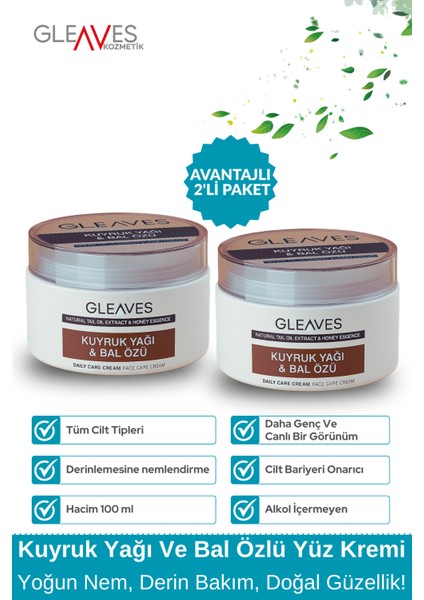 2li Yüz Kuyruk Yağı ve Bal Özlü Yaşlan.ma Karşıtı Doğal Nemlendirici Yüz Bakım Kremi (2X100=200ML)