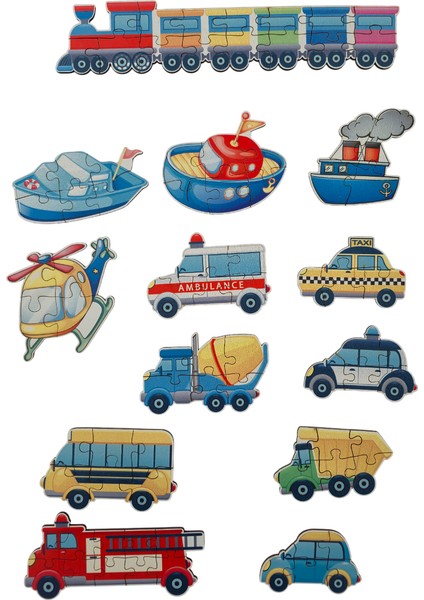 Araçlar Vehicles / 13 Adet Puzzle Yapboz Puzzle / 82 Parça Okul Öncesi Zeka Geliştirici Oyuncak