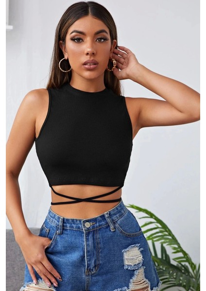 Kadın Siyah Çapraz Bağlamalı Crop Top Büstiyer
