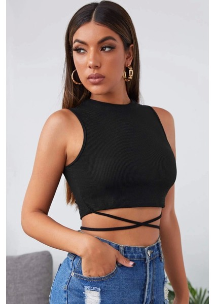 Kadın Siyah Çapraz Bağlamalı Crop Top Büstiyer modelleri