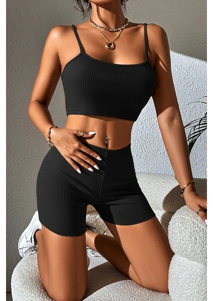 Kadın Siyah Şortlu Kaşkorse Gecelik Takım