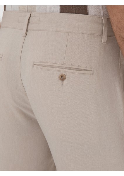 Erkek Bej Slim Fit Keten Karışımlı Beli Bağcıklı Kanvas Pantolon 50300944-VR011