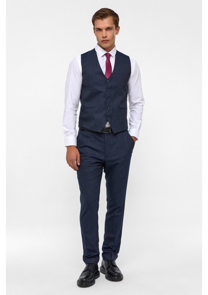 Lacivert Slim Desenli Mono Yaka 6 Drop Yelekli Takım Elbise indirimleri