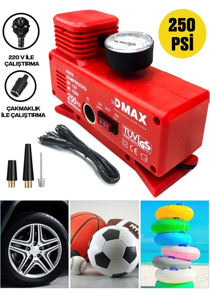 Dmax Seri 220 Volt-12 Volt 250 Psi Psi Kompresör Lastik Hava Şişirme Oto Pompası modelleri