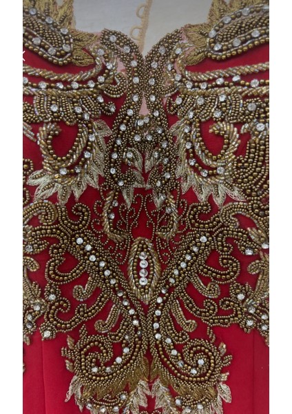 Kırmızı Taş Boncuk Nakış Işleme Balık Kuyruklu Sırt Dekolte Transparan Elbise fırsatları