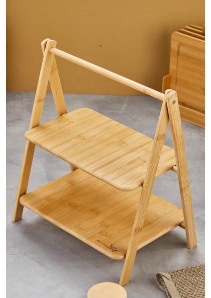 2 Katlı Açılıp Kapanabilen Bambu Stant-Düzenleyici-Organizer-Sunum Tepsisi
