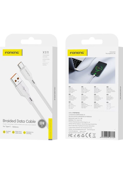 Samsung Huawei Xiaomi iPhone Uyumlu 18W Type-C 1 Metre Foneng Örgü Hızlı Şarj Data Kablosu