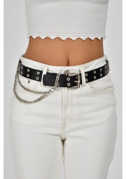 Kadın Siyah Zincirli Kuş Gözlü Kemer