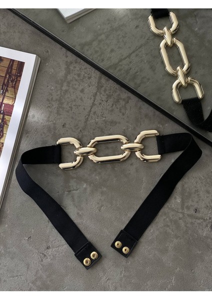 Kadın Siyah Gold Zincir Tokalı Lastikli Elbise Ceket Kaban Kemeri KMR4411 modelleri
