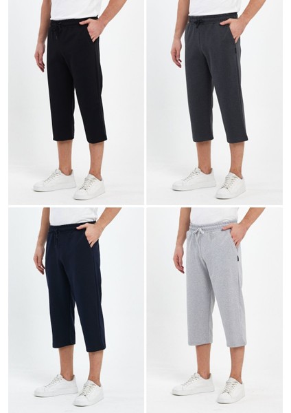 Erkek 4'lü Yanları Cepli Bermuda Diz Altı Kapri Beli Ayarlanabilir Lastikli Uzun Şort